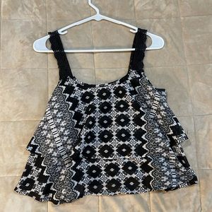Black & White Print Crop Top with floral straps M